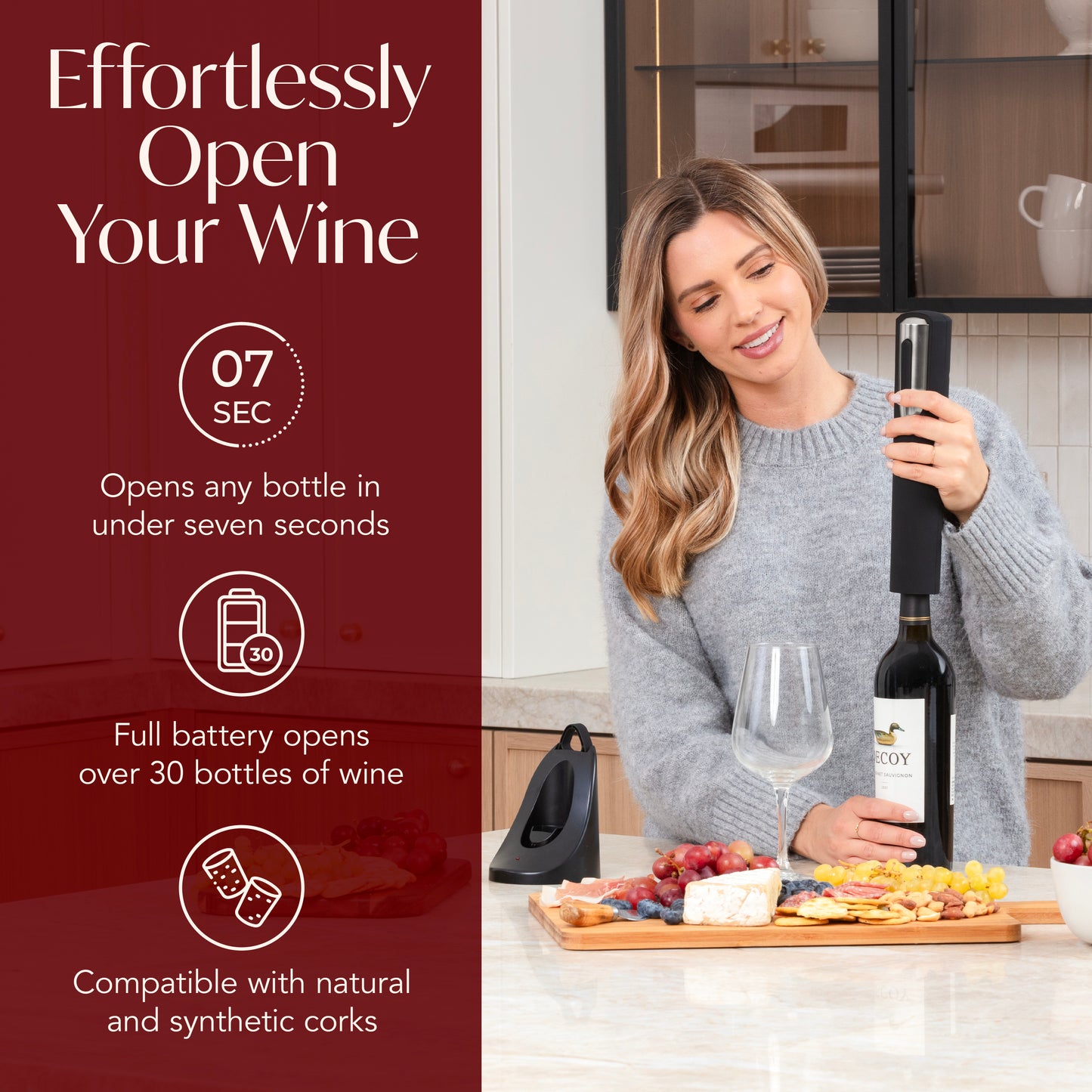 Rechargeable Electric Wine Bottle Opener with Charging Base & Foil Cutter